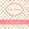 Baby shower invitation. White, hot pink and azure colors. Vintage frame with soother icon on a flower background Royalty Free Stock Photo